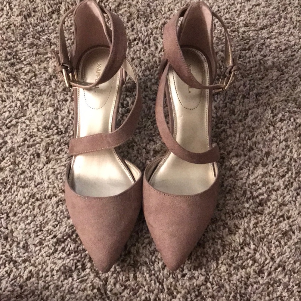 Brown suede heels with ankle strap